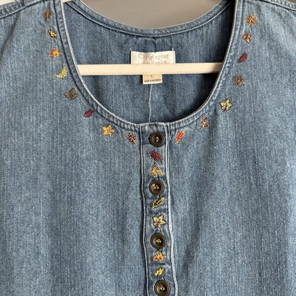 Vtg Christopher & Banks Embroidered Fall Leaves Denim Maxi Dress Autumn Folk - Picture 3 of 7